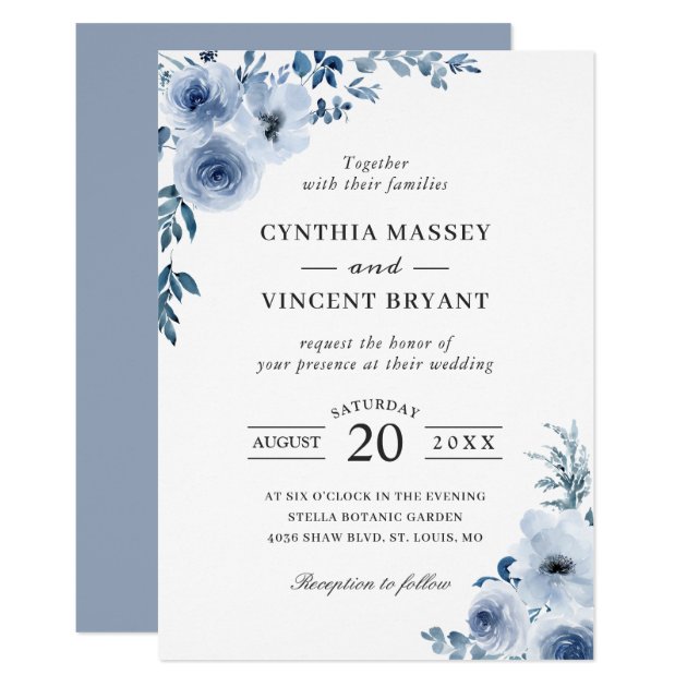 Dusty Blue Bohemian Floral Boho Wedding Invitation