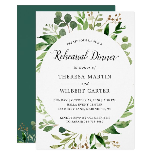 Eucalyptus Green Leaves Wedding Rehearsal Dinner Invitation