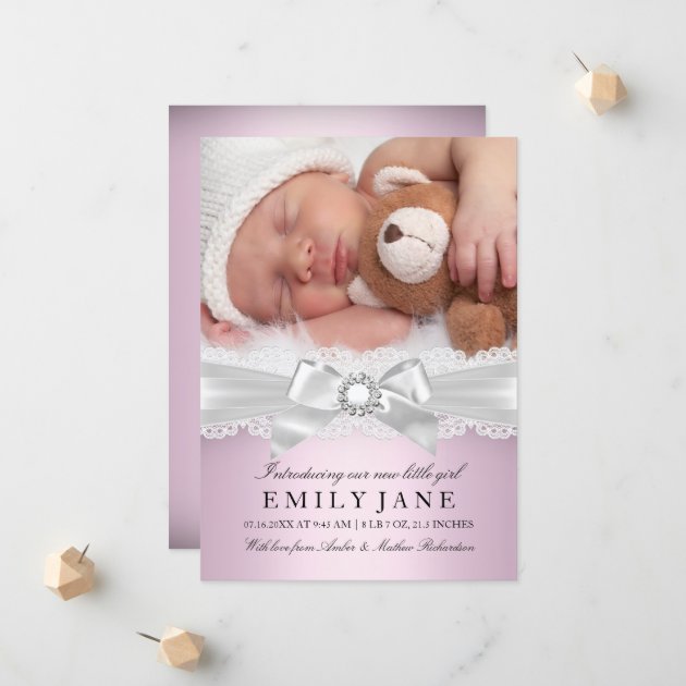 Vintage Lace & Bow Pink Photo Birth Announcement