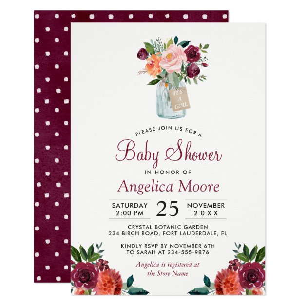 Burgundy Mason Jar Floral Polka Dots Baby Shower Card