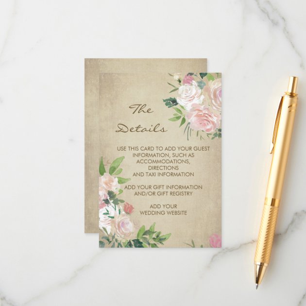 Vintage Pink Rose Rustic Wedding Details Direction Enclosure Card