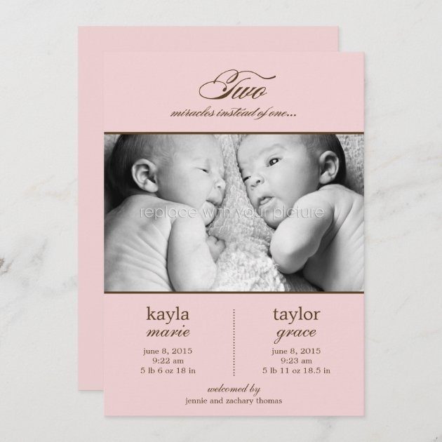 Two Miracles Twins Birth Announcement - Pink