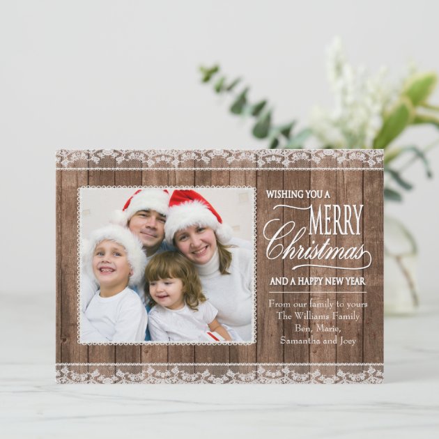 Rustic White Lace & Wood Christmas Flat Photo Card