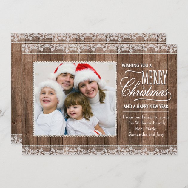 Rustic White Lace & Wood Christmas Flat Photo Card