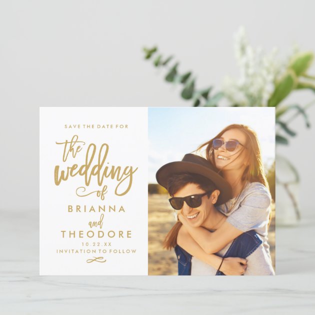 Chic Hand Lettered Gold Save The Date Photo