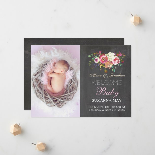Photo Birth Announcement Baby Girl Stats Cards