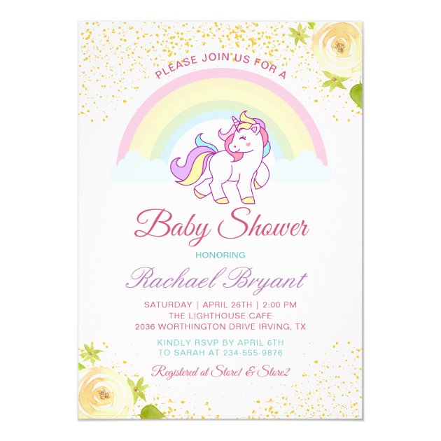 Adorable Unicorn Rainbow Yellow Floral Baby Shower Invitation
