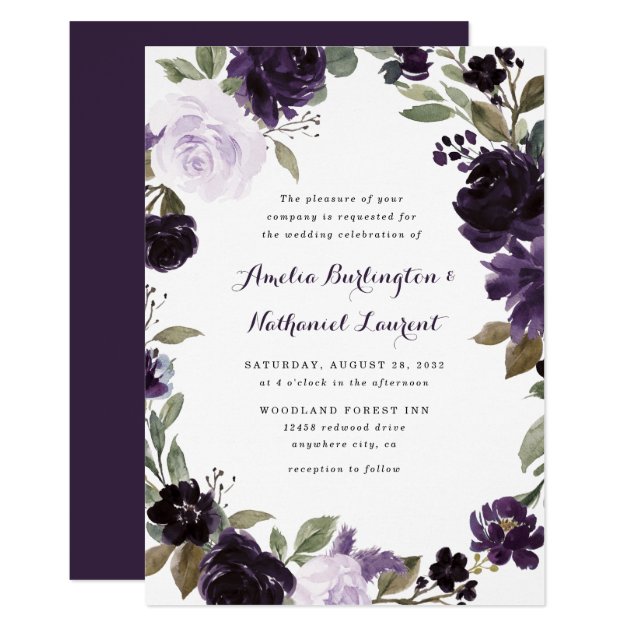 Elegant Purple and Gold Green Leaf Floral Wedding Invitation