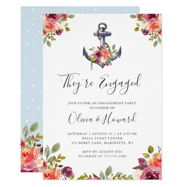 Nautical Anchor Floral Modern Engagement Party Card