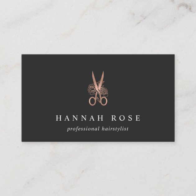 Rose Gold Floral Scissors Logo Hairstylist Business Card (front side)