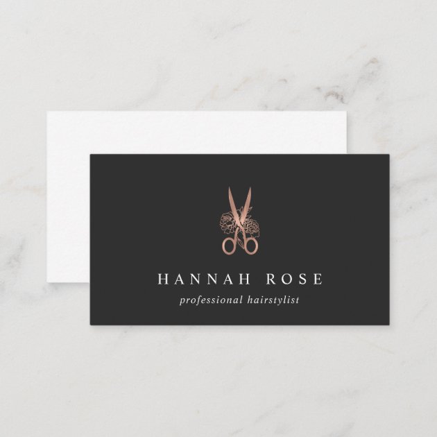 Rose Gold Floral Scissors Logo Hairstylist Business Card (back side)
