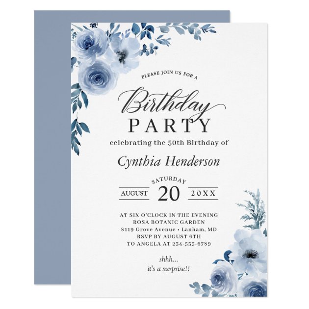 Bohemian Dusty Blue Floral Birthday Party Invitation