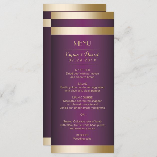 Gold Foil Stripes Elegant Purple Wedding Menu