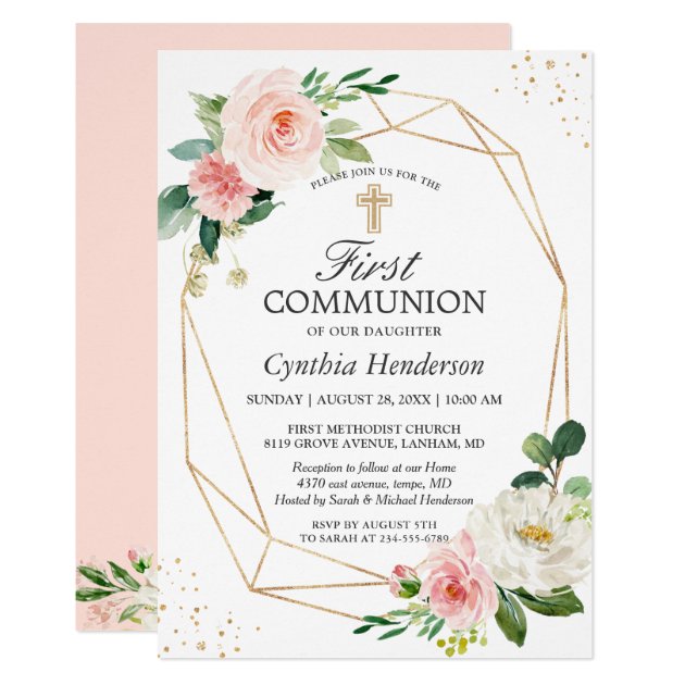 Modern Elegance Blush Pink Floral First Communion Invitation