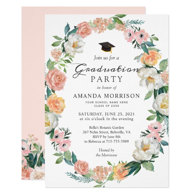 Girly Graduation Party Classy Roses Floral Wreath Invitation