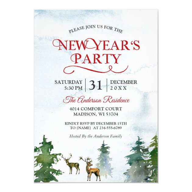 Watercolor Woodland Deer Forest New Year Party Card