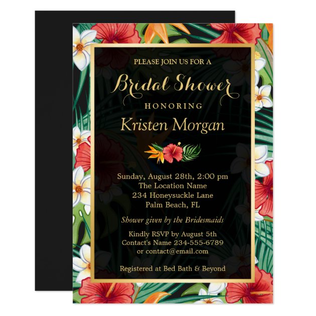 Tropical Hibiscus Floral Gold Frame Bridal Shower Invitation