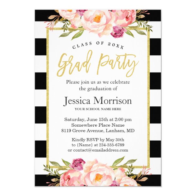 Modern Stripes Floral Gold Script Graduation Party Invitation