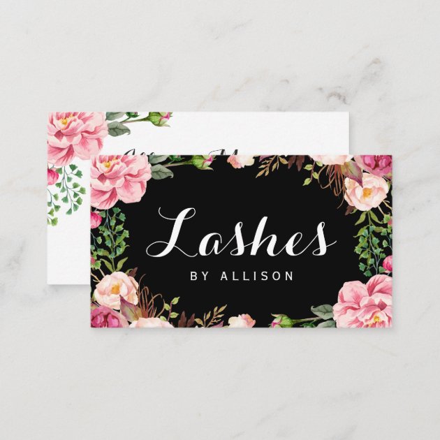 Lashes Script by Makeup Artist Trendy Floral Wrap Business Card (back side)