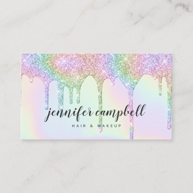 Unicorn holographic glitter drips glam makeup hair business card (front side)