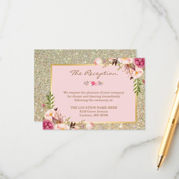 Classy Pink Floral Gold Glitter Wedding Reception Enclosure Card