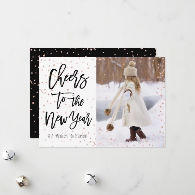 Modern Faux Rose Gold Confetti New Year Typography Holiday Invitation