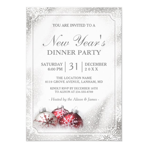 Silver Baubles Snowflakes New Year's Dinner Party Invitation