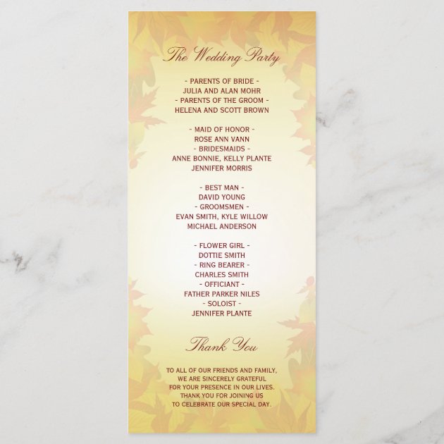 Rustic Autumn Gold Red Fall Leaves Wedding Program