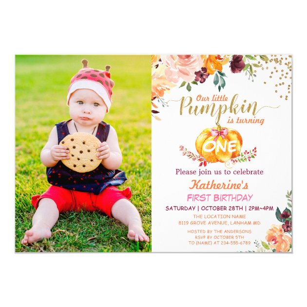 Autumn Pumpkin Baby Birthday With Kids Photo Invitation