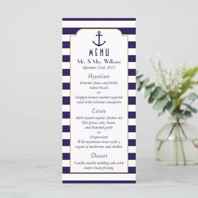 Nautical Navy & White Stripe Anchor Wedding Menu