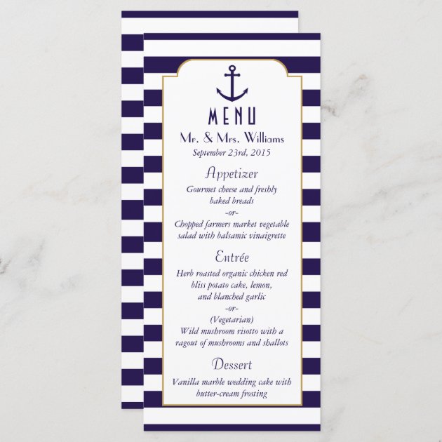 Nautical Navy & White Stripe Anchor Wedding Menu