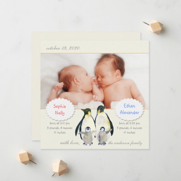 Penguin Family Photo Birth Announcement For Twins