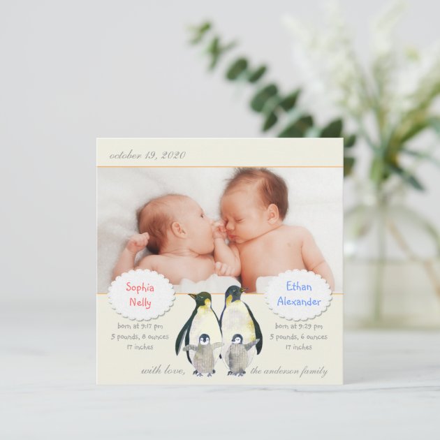 Penguin Family Photo Birth Announcement For Twins