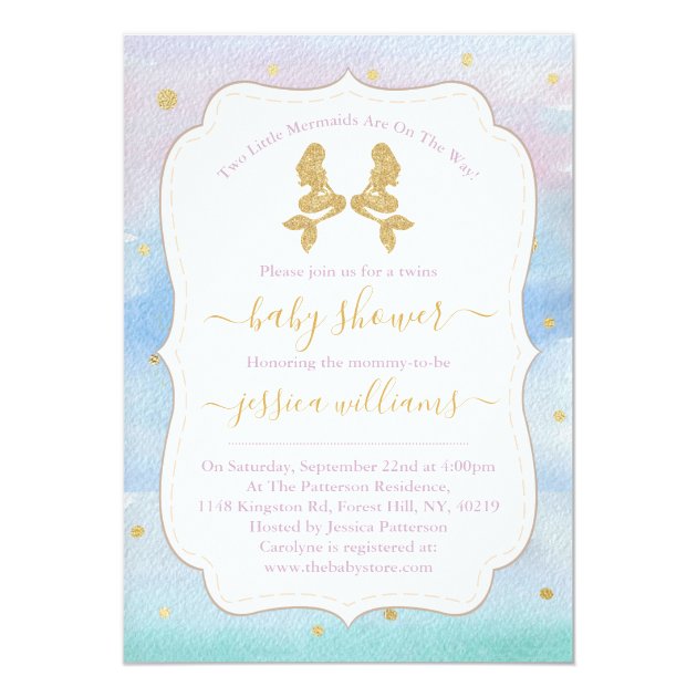 Gold Glitter Twin Mermaids Baby Shower Invitation