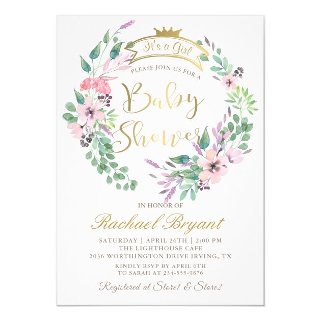 Elegant Garden Flowers Gold Crown Girl Baby Shower Invitation