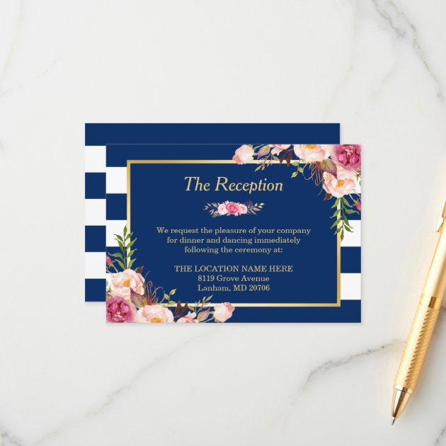 Classy Floral Navy Blue Stripes Wedding Reception Enclosure Card