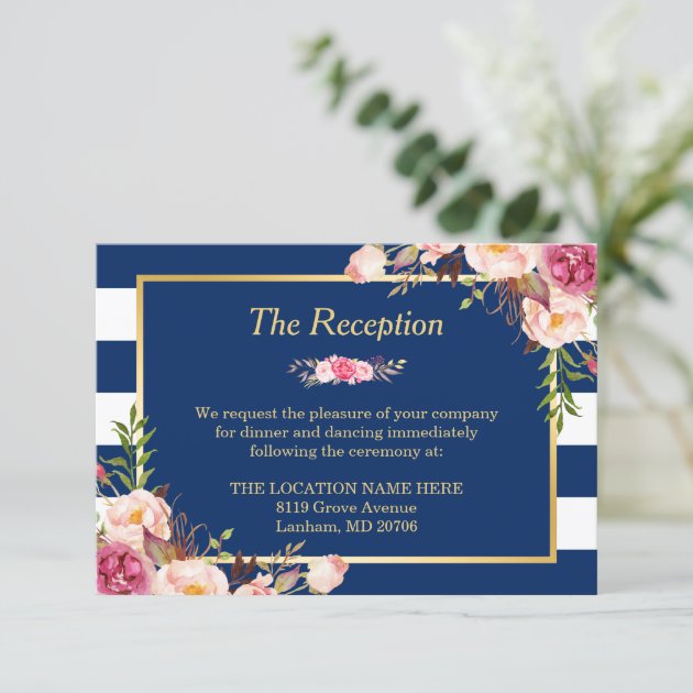 Classy Floral Navy Blue Stripes Wedding Reception Enclosure Card