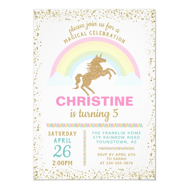 Gold Glitter Unicorn Rainbow Birthday Invitation