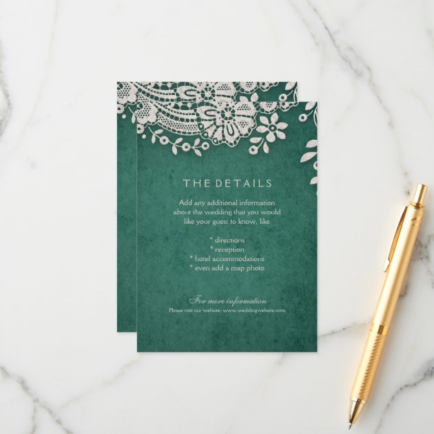 Emerald Vintage Lace Rustic Weddng Details Card
