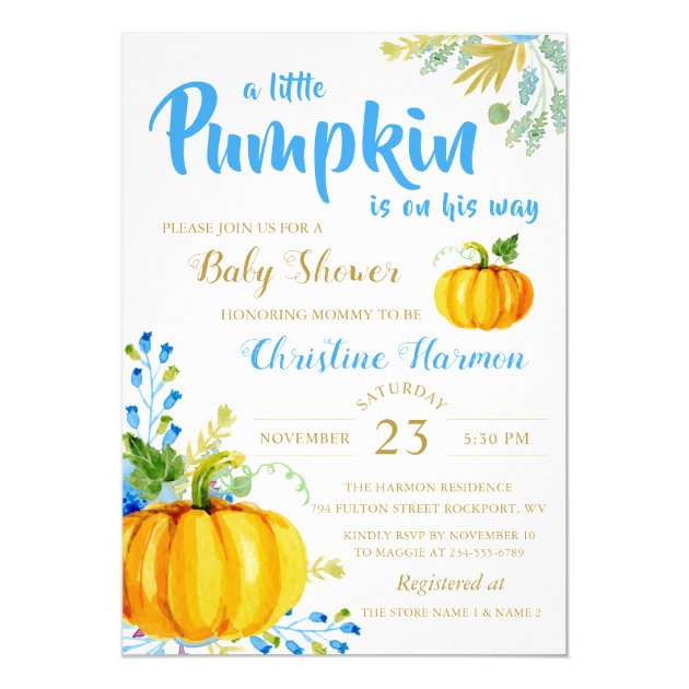 Little Pumpkin Blue Garden Baby Shower Invitation