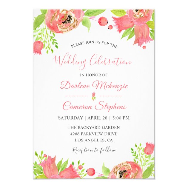 Spring Coral Pink Floral Garden Watercolor Wedding Invitation
