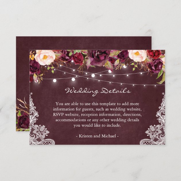 String Lights Burgundy Floral Lace Wedding Details Enclosure Card