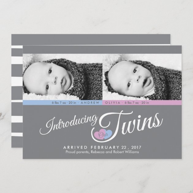 Modern Grey Twins Custom Photo Birth Announcement