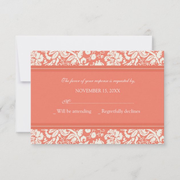 Cream and Coral Damask RSVP Wedding Card