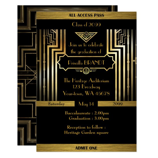 Graduation, Gatsby Style, Ticket, Black Gold Invitation