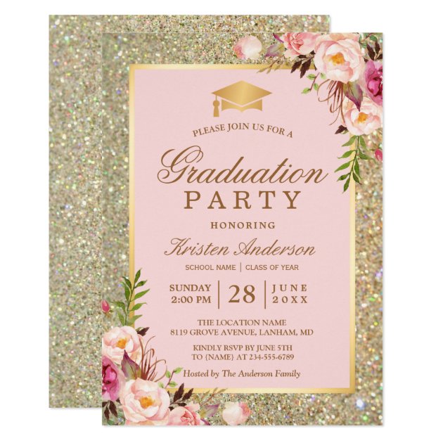 Blush Pink Floral Gold Sparkles Graduation Party Invitation