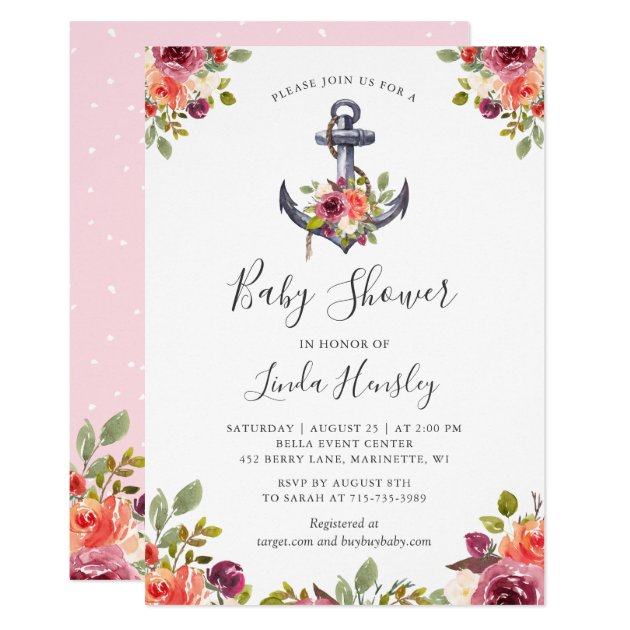Modern Nautical Anchor Floral Girl Baby Shower Invitation