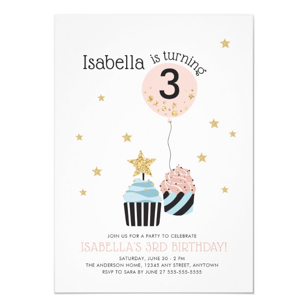 Cupcakes & Balloon | Faux Glitter Child's Birthday Invitation