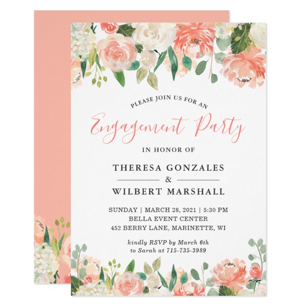 Trendy Coral Peach Floral Engagement Party Invitation