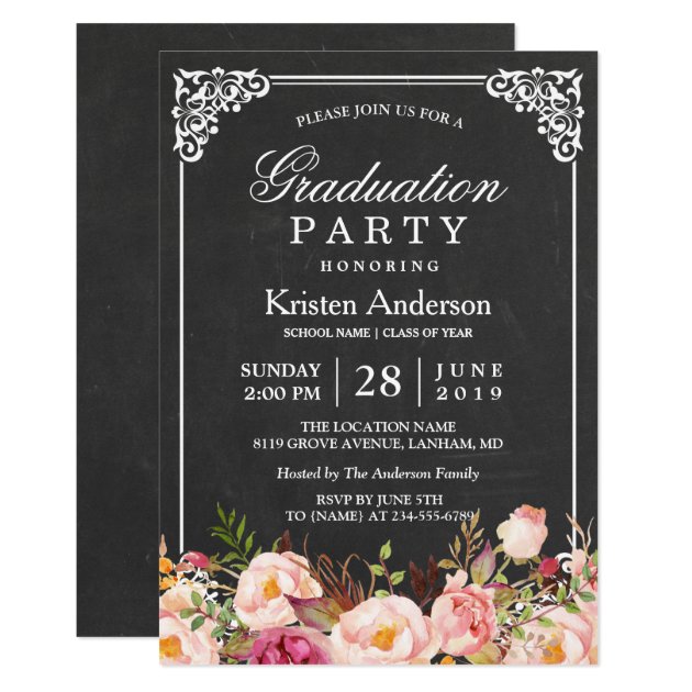 Chalkboard Frame Floral 2018 Graduation Party Invitation